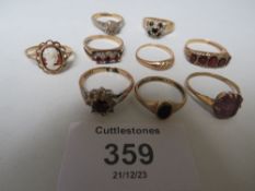 NINE LADIES 9CT GOLD DRESS RINGS, SET WITH VARIOUS STONES, TO INCLUDE GARNET AND CAMEO TYPES, APPROX