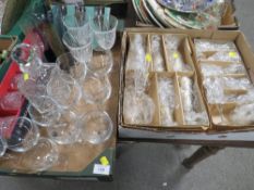 TWO TRAYS OF ASSORTED GLASSWARE TO INCLUDE DECANTER AND WINE GLASSES