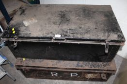 TWO VINTAGE STEEL STORAGE / TRAVEL BOXES
