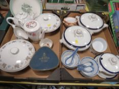 TWO BOXES OF CERAMICS TO INCLUDE RIDGEWAY WHITE MIST CHINA , BLUE WHITE TUREENS ETC
