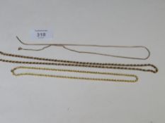 THREE 9CT GOLD ROPE CHAINS, ONE A/F, APPROX WEIGHT 12 G