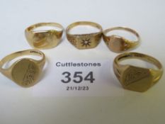 FIVE 9CT GOLD SIGNET RINGS, APPROX W 14.37 G