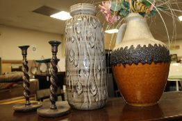 A RETRO WEST GERMAN JUG - H 45 cm, A LARGE VASE & PAIR OF BARLEYTWIST CANDLESTICKS