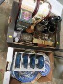 TWO TRAYS OF CERAMICS ETC TO INCLUDE WHISKY DECANTERS , WATER JUGS ETC