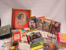 A TRAY CONTAINING A STAMP ALBUM, CIGARETTE CARDS ETC