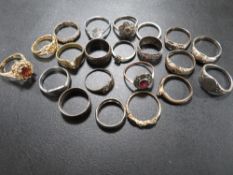 ELEVEN SILVER DRESS RINGS A/F TOGETHER WITH TEN ASSORTED BASE METAL RINGS, A/F (21)