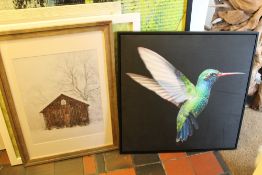 A LARGE ABSTRACT FRAMED PRINT & SIX SMALLER PRINTS (ENTRANCE HALL)