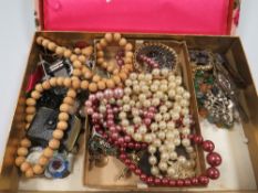 A BOX OF VINTAGE COSTUME JEWELLERY ETC