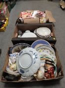TWO TRAYS OF ASSORTED CERAMICS TO INCLUDE A CHARGER TOGETHER WITH A TRAY OF VINTAGE MAGAZINES