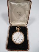 A GOLD PLATED WALTHAM OPEN FACED MANUAL WIND POCKET WATCH IN ORIGINAL BOX, TICK ON WINDING (