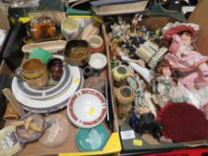 TWO TRAYS OF ASSORTED CERAMICS TO INCLUDE FIGURINES, DOLLS ETC