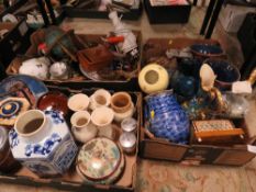 THREE TRAYS OF CERAMICS ETC TO INCLUDE DECORATIVE EWERS, OLD TUPTON STYLE VASE ETC