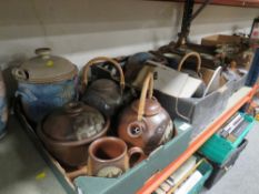THREE TRAYS OF CERAMICS TO INCLUDE STUDIO POTTERY STYLE KETTLES . CUCKOO CLOCK ETC