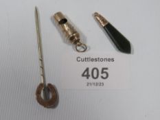 A VICTORIAN WHISTLE, STICK PIN AND PENDANT