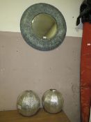 AN EASTERN STYLE MODERN METAL MIRROR WITH TWO GLOBE SHADES