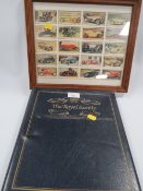 AN ALBUM OF VINTAGE POSTCARDS TOGETHER WITH A FRAMED SET OF CIGARETTE CARDS