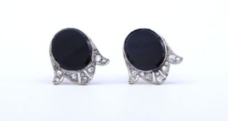 Paar Gold Ohrclips mit Diamantrosen und Onyx , Gold 18K, 21 x 19mm, zus.10g.
