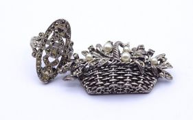 Brosche und Ring mit Markasiten, Silber 925/000, einige Steine fehlen, zus. 16,2g., RG 54