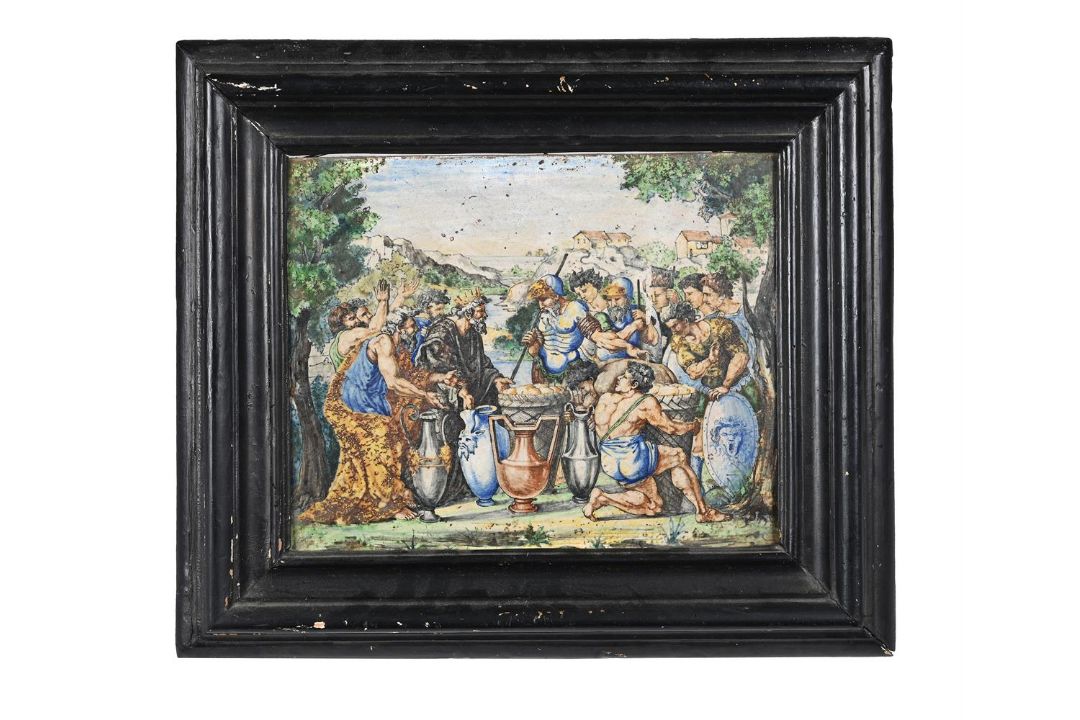 AN ITALIAN MAIOLICA ISTORIARTO TILE IN CASTELLI STYLE - Image 1 of 3