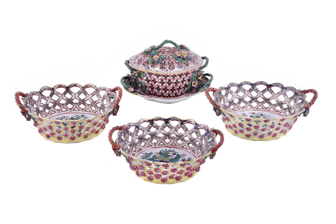 A GROUP OF FOUR VARIOUS WORCESTER BLUE AND PRINTED AND LATER CLOBBERED BASKETS