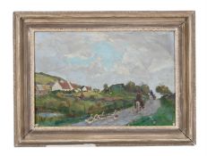 CHARLES CUNDALL (BRITISH 1890-1971), FIGURES AND GEESE ALONG A COUNTRY PATH