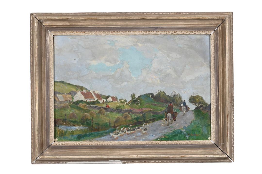 CHARLES CUNDALL (BRITISH 1890-1971), FIGURES AND GEESE ALONG A COUNTRY PATH - Image 1 of 3
