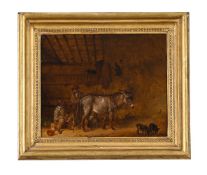 ATTRIBUTED TO EDMUND BRISTOW (BRITISH 1787-1876), DONKEY AND FARM HANDS IN A BARN