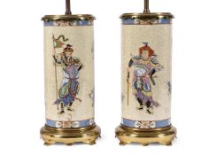 A PAIR OF MODERN CRACKLE GLAZED PORCELAIN AND GILT METAL MOUNTED CYLINDRICAL LAMP BASES