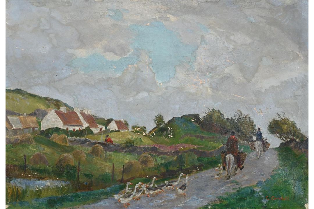 CHARLES CUNDALL (BRITISH 1890-1971), FIGURES AND GEESE ALONG A COUNTRY PATH - Image 2 of 3