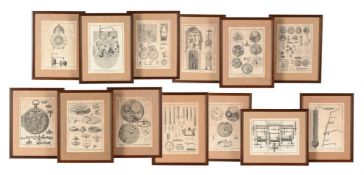 A GROUP OF THIRTEEN FRAMED HOROLOGICAL ENGRAVINGS