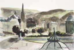 λ ELWIN HAWTHORNE (BRITISH 1905-1954), EMMANUEL CHURCH WITH BANDSTAND, ILFRACOMBE
