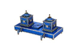 Y A FRENCH SILVER, ENAMEL, DIAMOND AND IVORY INKSTAND