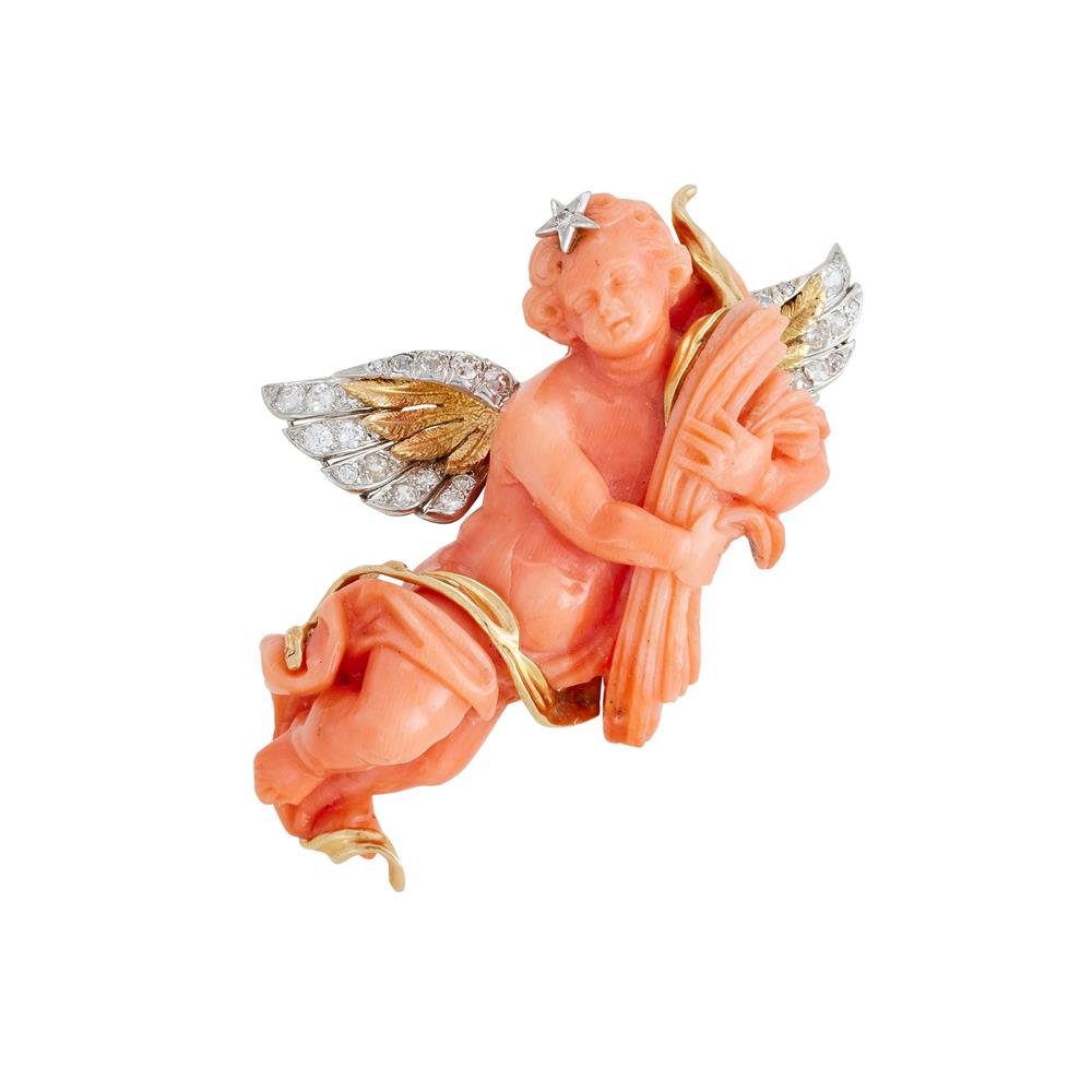 Y A CORAL AND DIAMOND CHERUB BROOCH