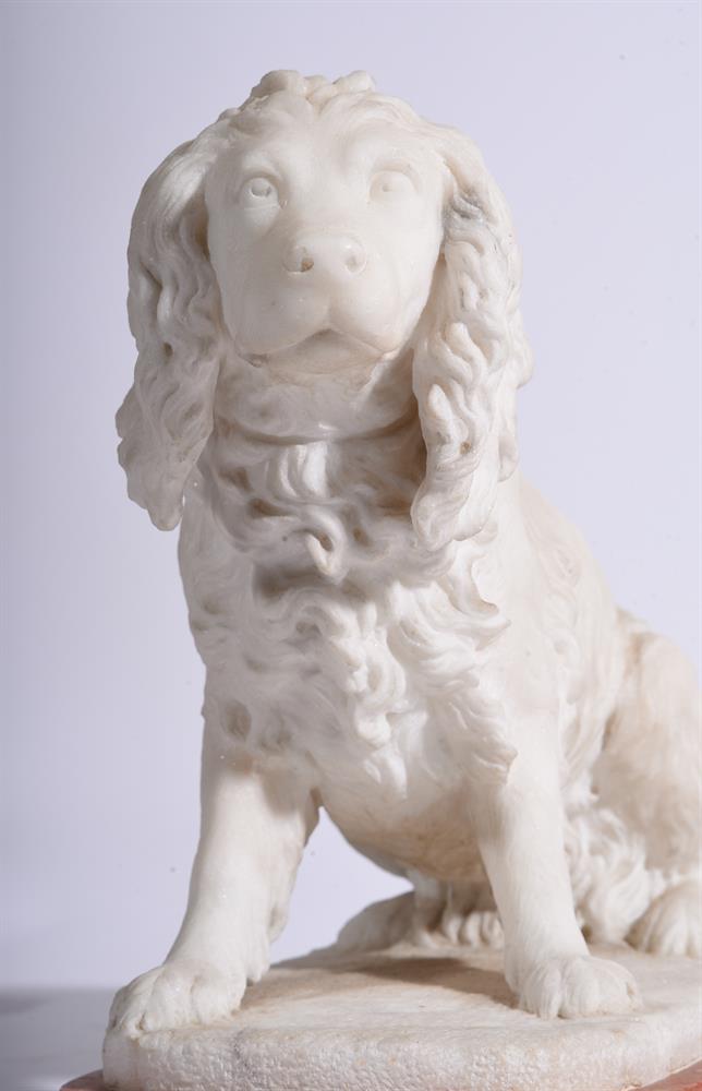 TWO SIMILAR CARVED ALABASTER MODELS OF SPANIELS EACH MOUNTED ON A PINK MARBLE BASE - Image 3 of 3