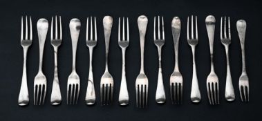 FOURTEEN GEORGIAN SILVER HANOVERIAN PATTERN TABLE FORKS
