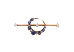 A LATE VICTORIAN SAPPHIRE, DIAMOND AND PEARL CRESCENT BROOCH, CIRCA 1880