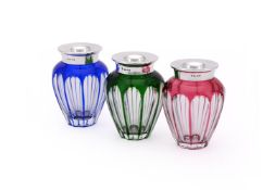THREE SILVER MOUNTED OVOID COLOURED GLASS VASES