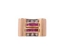 A RETRO DIAMOND AND SYNTHETIC RUBY DRESS RING