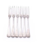 A SET OF SIX GEORGE III IRISH SILVER HANOVERIAN PATTERN TWO PRONG FORKS
