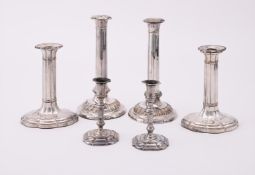 THREE PAIRS OF OLD SHEFFIELD PLATE CANDLESTICKS