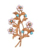 A 9 CARAT GOLD, CULTURED PEARL AND TURQUOISE FLORAL SPRAY BROOCH, LONDON 1972