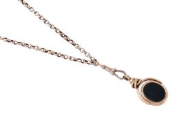 A GOLD COLOURED BELCHER LINK LONG CHAIN WITH HARDSTONE SWIVEL FOB