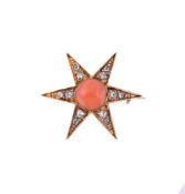 Y A VICTORIAN CORAL AND ROSE CUT DIAMOND STAR BROOCH, CIRCA 1880