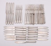 A SET OF FOUR SILVER FRUIT FORKS, DESSERT FORKS, DESSERT KNIVES AND FISH KNIVES