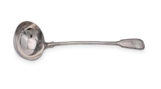 A VICTORIAN SILVER FIDDLE AND THREAD PATTERN SOUP LADLE