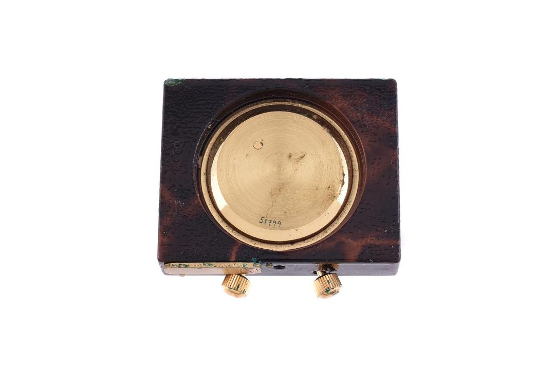 HERMES, A BRASS AND BROWN LACQUERED TRAVEL ALARM CLOCK - Image 2 of 2