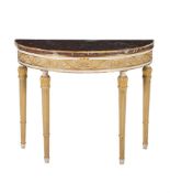A WHITE PAINTED AND PARCEL GILT CONSOLE TABLE IN GEORGE III STYLE