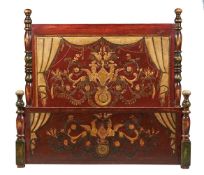 A PAINTED AND GILT WOOD AND COMPOSITION HEAD AND FOOT BOARD