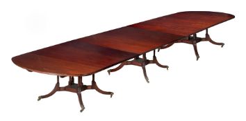 A MAHOGANY THREE PILLAR DINING TABLE, IN GEORGE III STYLE, OF RECENT MANUFACTURE