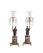 A PAIR OF PATINATED AND GILT METAL TABLE LUSTRES
